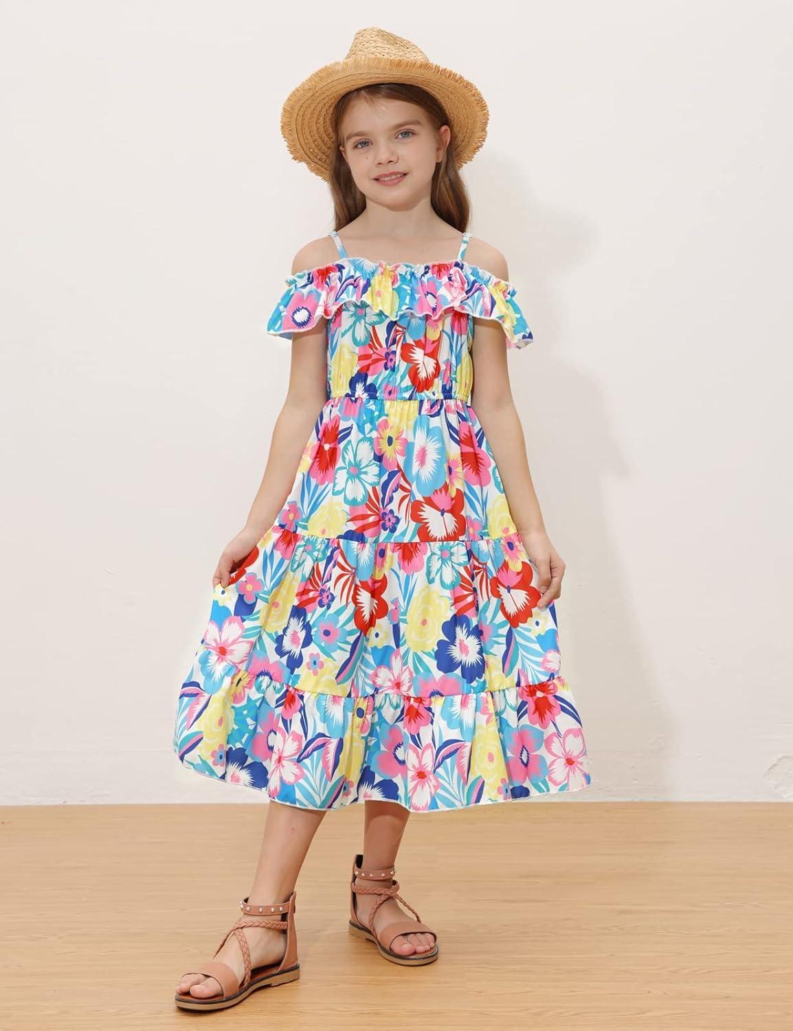 image:imageGRACE KARIN Girls Summer Dress Off Shoulder Ruffle Floral Spaghetti Strap Casual Sundress Tiered Midi DressBig Flower Pattern on White