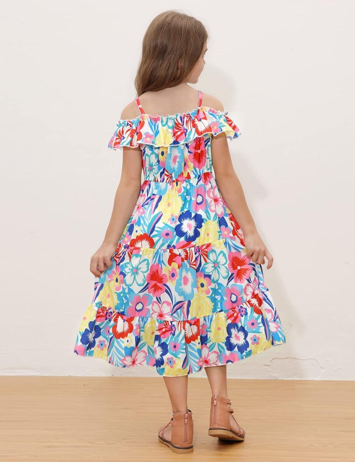 image:imageGRACE KARIN Girls Summer Dress Off Shoulder Ruffle Floral Spaghetti Strap Casual Sundress Tiered Midi DressBig Flower Pattern on White