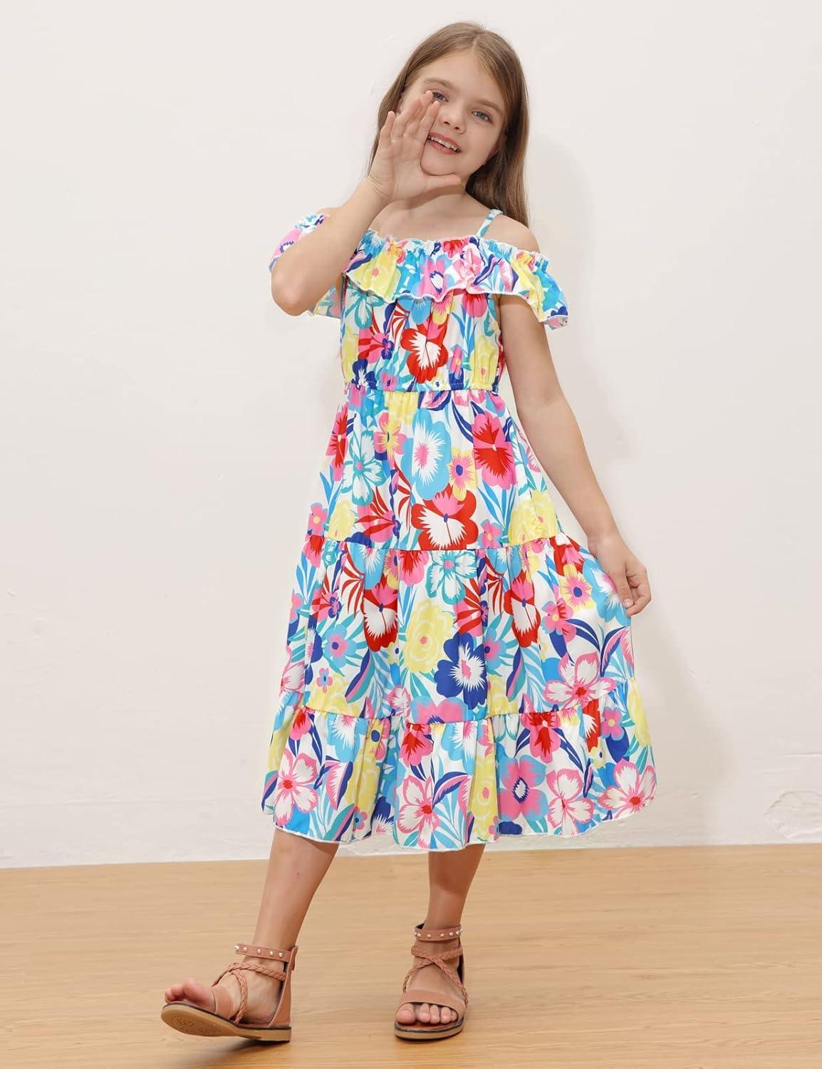 image:imageGRACE KARIN Girls Summer Dress Off Shoulder Ruffle Floral Spaghetti Strap Casual Sundress Tiered Midi DressBig Flower Pattern on White