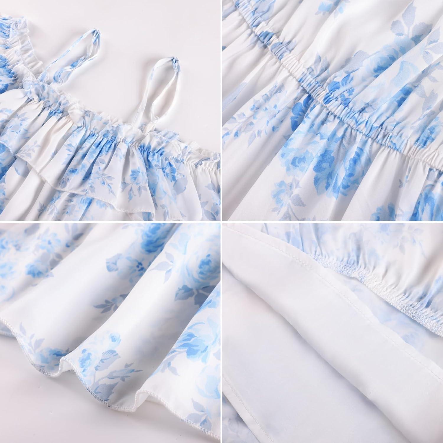 image:imageGRACE KARIN Girls Summer Dress Off Shoulder Ruffle Floral Spaghetti Strap Casual Sundress Tiered Midi DressBlue Flowers