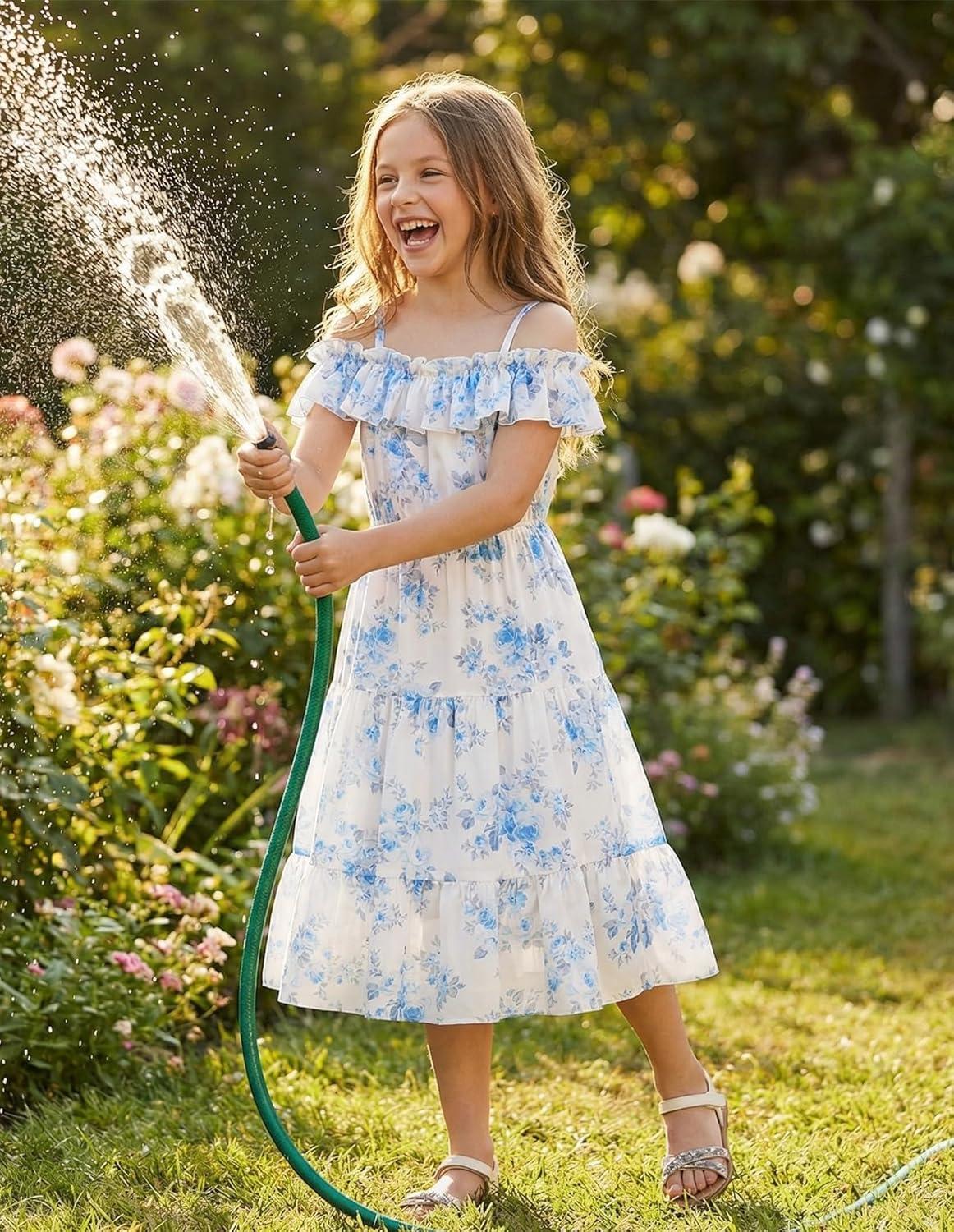 image:imageGRACE KARIN Girls Summer Dress Off Shoulder Ruffle Floral Spaghetti Strap Casual Sundress Tiered Midi DressBlue Flowers