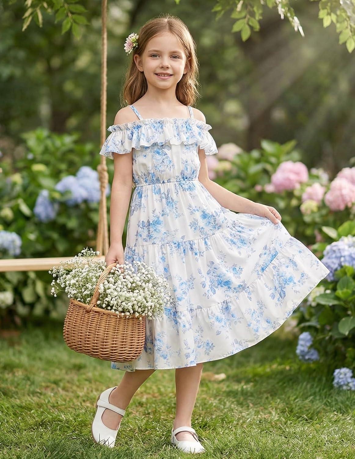image:imageGRACE KARIN Girls Summer Dress Off Shoulder Ruffle Floral Spaghetti Strap Casual Sundress Tiered Midi DressBlue Flowers