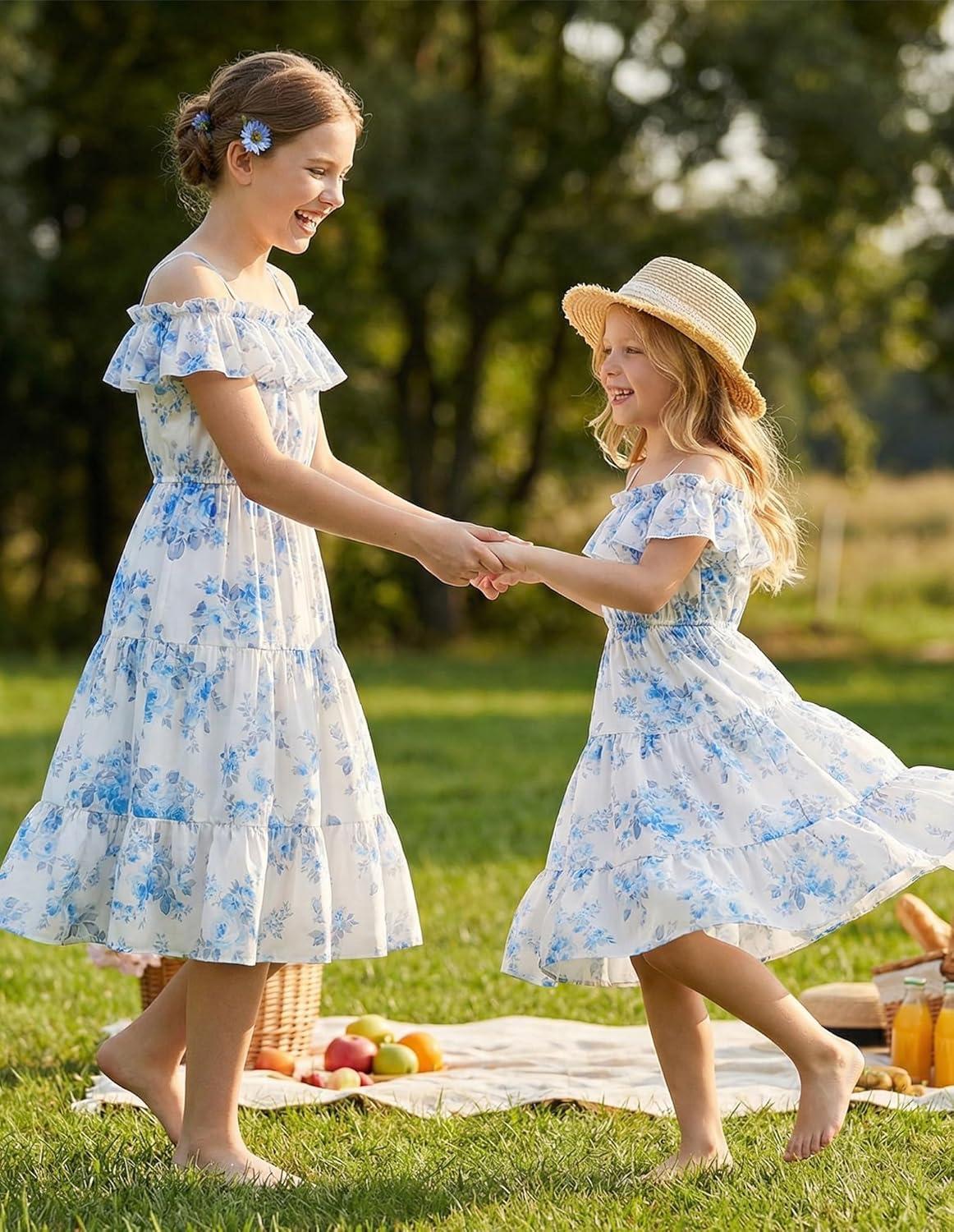 image:imageGRACE KARIN Girls Summer Dress Off Shoulder Ruffle Floral Spaghetti Strap Casual Sundress Tiered Midi DressBlue Flowers