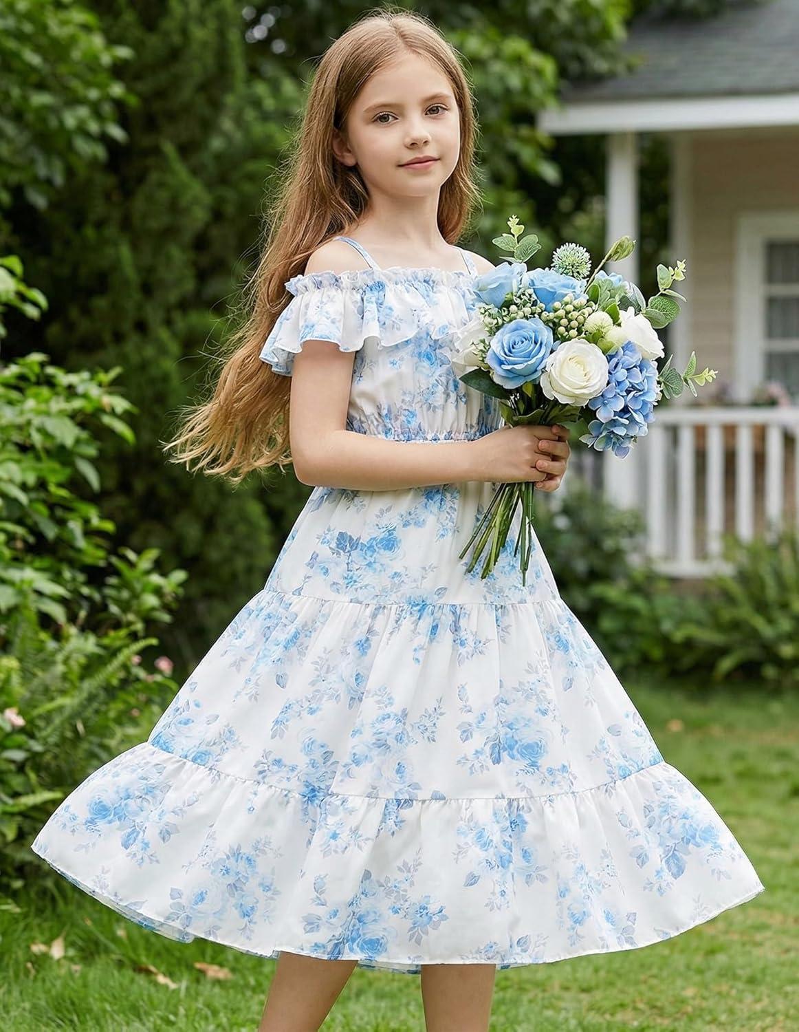 image:imageGRACE KARIN Girls Summer Dress Off Shoulder Ruffle Floral Spaghetti Strap Casual Sundress Tiered Midi DressBlue Flowers