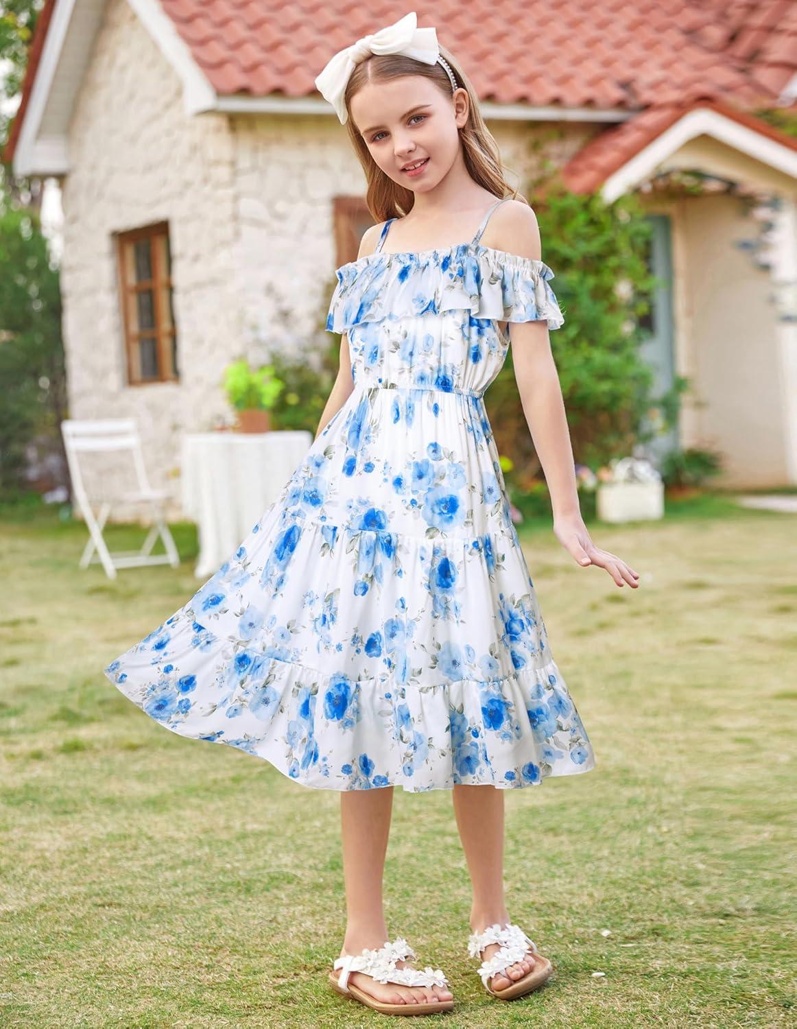 image:imageGRACE KARIN Girls Summer Dress Off Shoulder Ruffle Floral Spaghetti Strap Casual Sundress Tiered Midi DressBlue Flowers on White