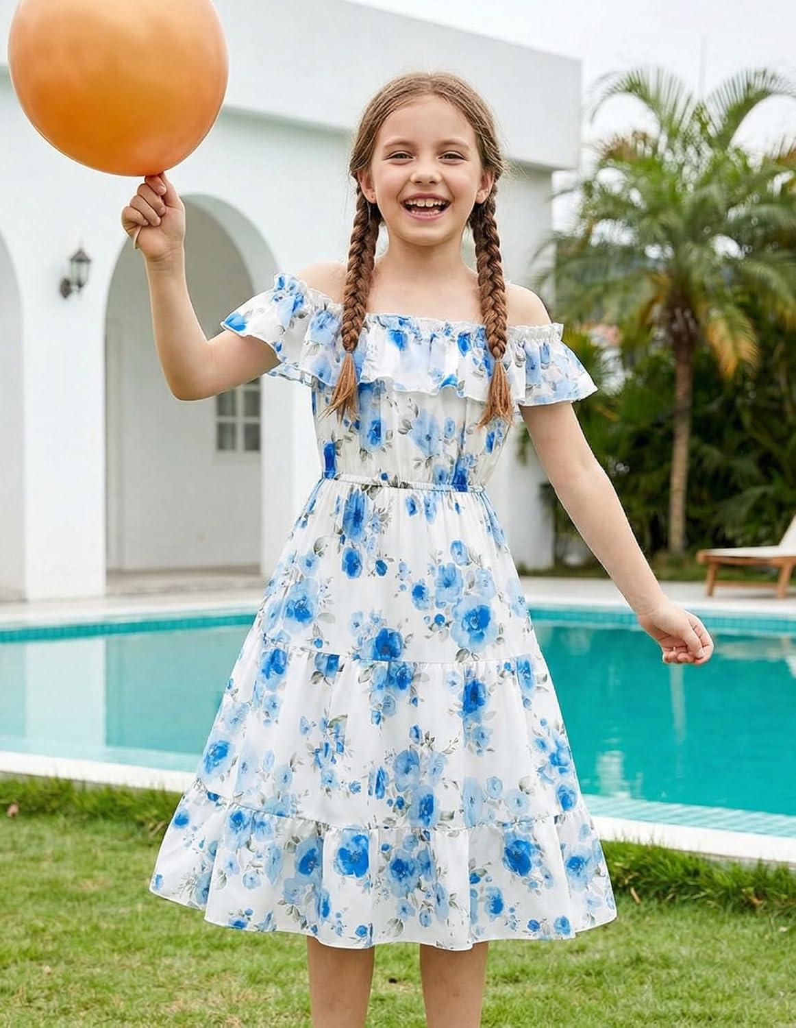 image:imageGRACE KARIN Girls Summer Dress Off Shoulder Ruffle Floral Spaghetti Strap Casual Sundress Tiered Midi DressBlue Flowers on White
