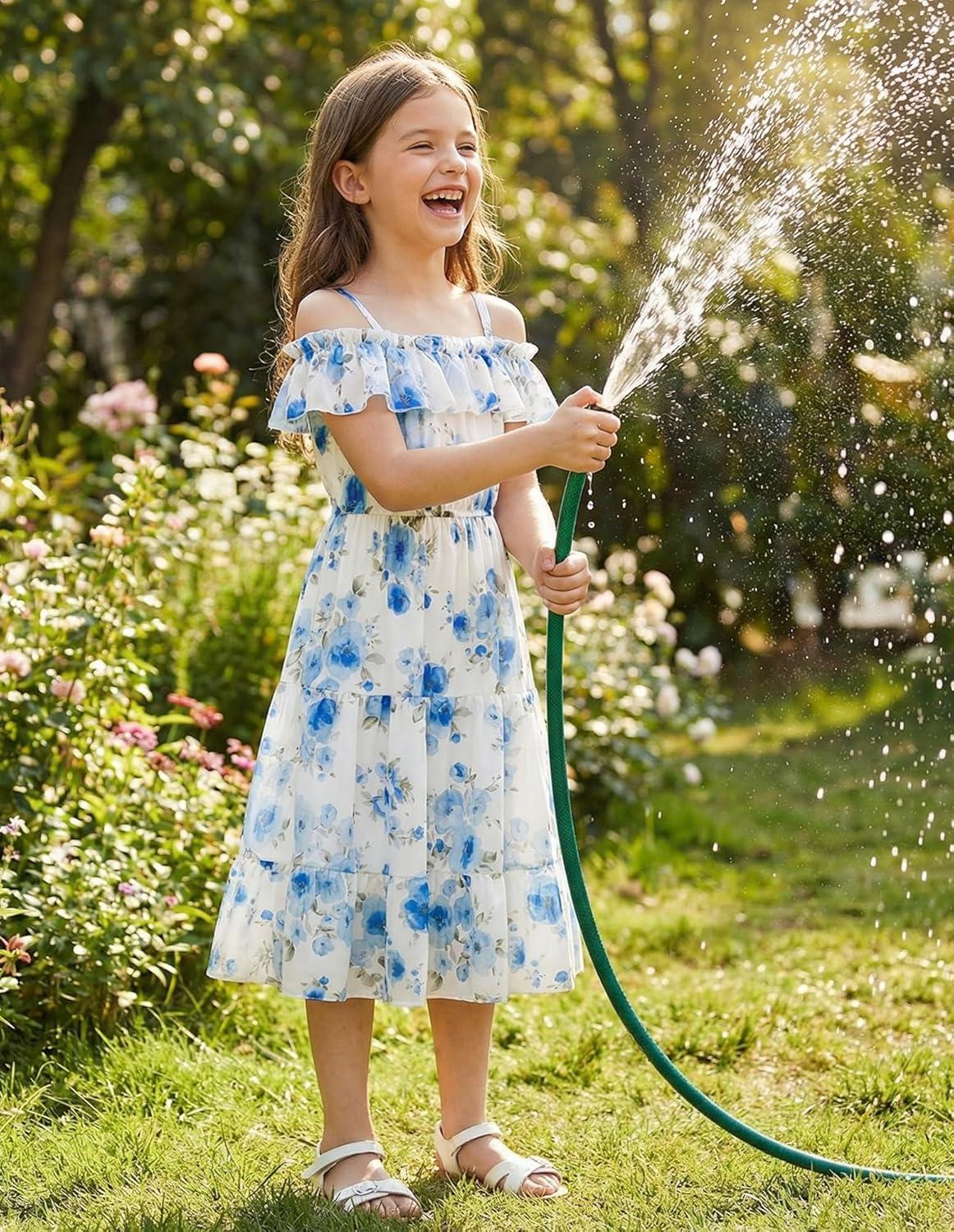 image:imageGRACE KARIN Girls Summer Dress Off Shoulder Ruffle Floral Spaghetti Strap Casual Sundress Tiered Midi DressBlue Flowers on White