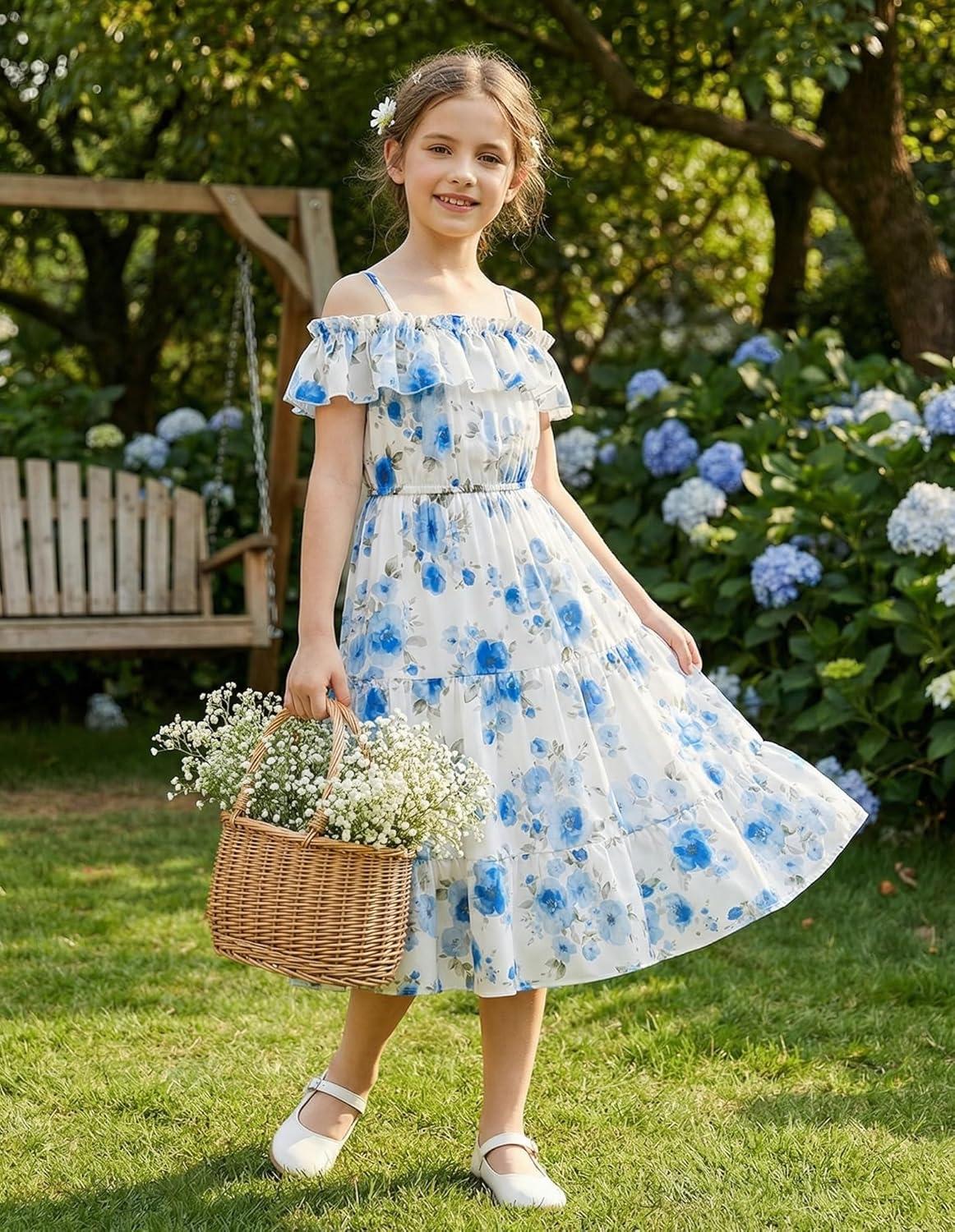 image:imageGRACE KARIN Girls Summer Dress Off Shoulder Ruffle Floral Spaghetti Strap Casual Sundress Tiered Midi DressBlue Flowers on White
