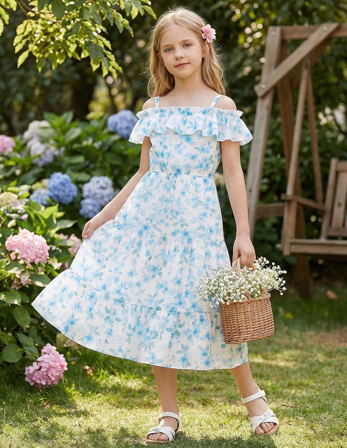 image:imageGRACE KARIN Girls Summer Dress Off Shoulder Ruffle Floral Spaghetti Strap Casual Sundress Tiered Midi DressBlue and Green Flowers