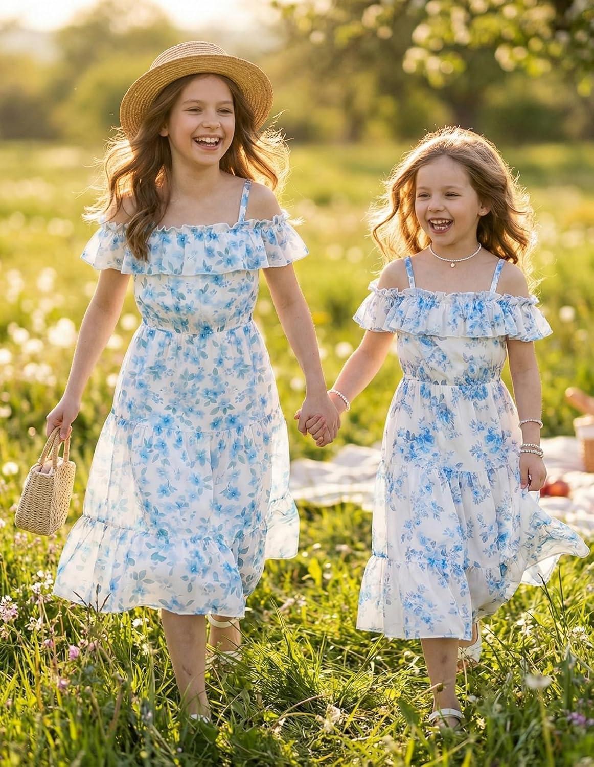 image:imageGRACE KARIN Girls Summer Dress Off Shoulder Ruffle Floral Spaghetti Strap Casual Sundress Tiered Midi DressBlue and Green Flowers