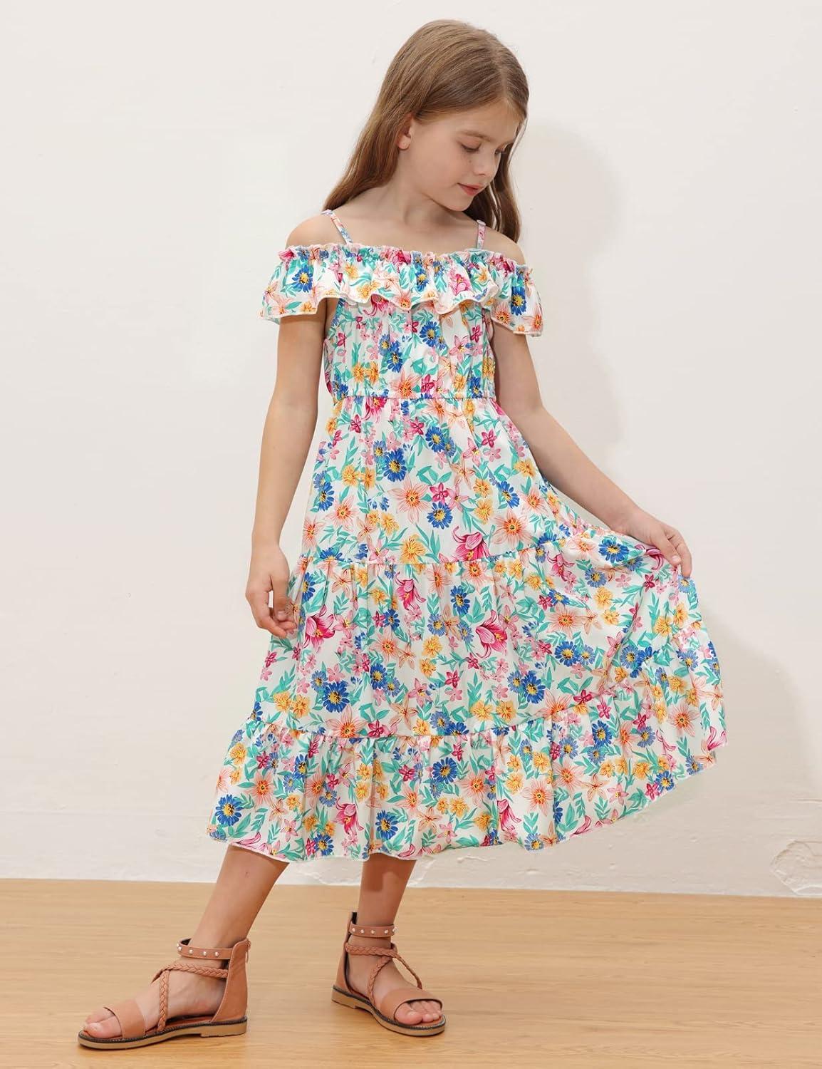 image:imageGRACE KARIN Girls Summer Dress Off Shoulder Ruffle Floral Spaghetti Strap Casual Sundress Tiered Midi DressFloral Pattern in White