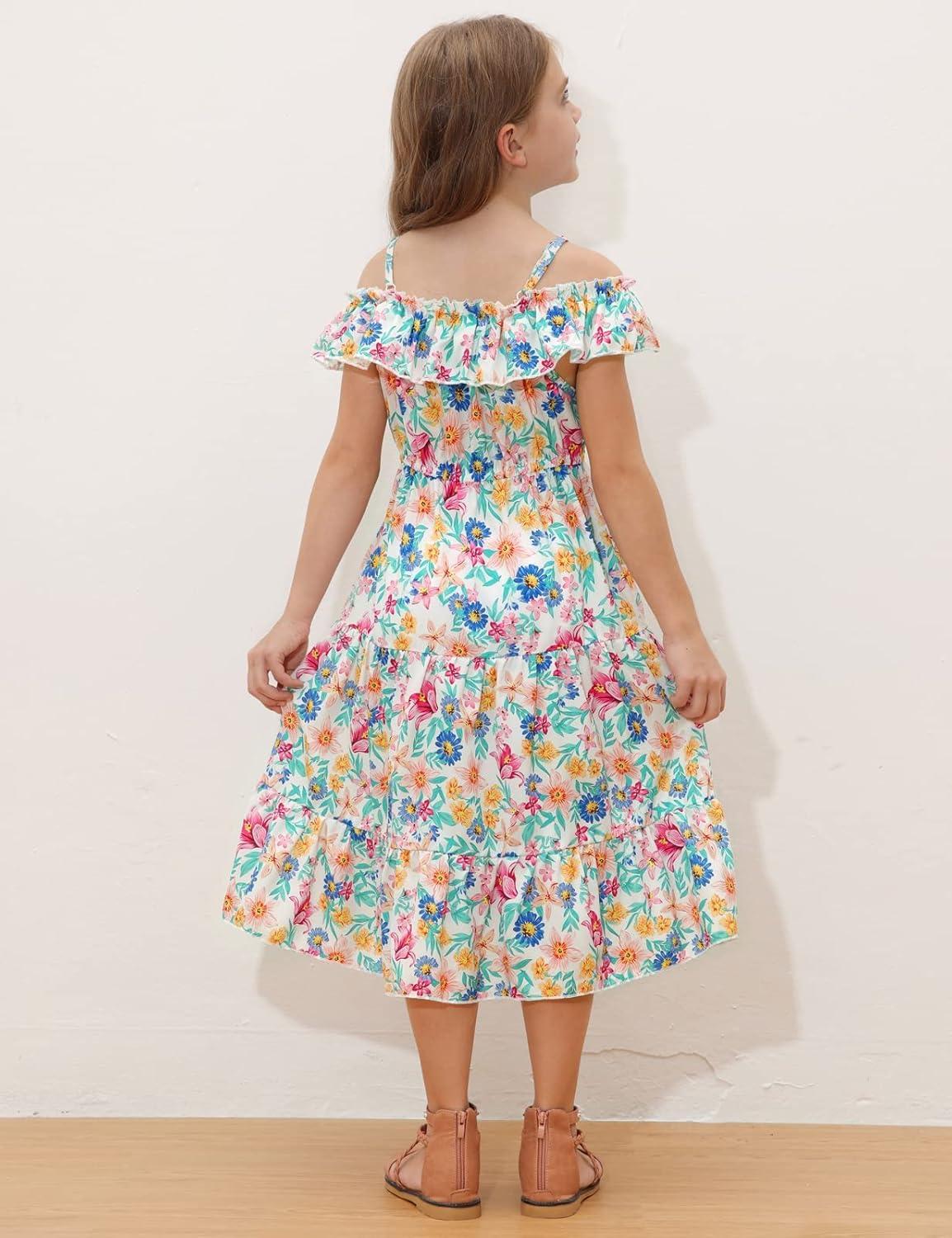 image:imageGRACE KARIN Girls Summer Dress Off Shoulder Ruffle Floral Spaghetti Strap Casual Sundress Tiered Midi DressFloral Pattern in White