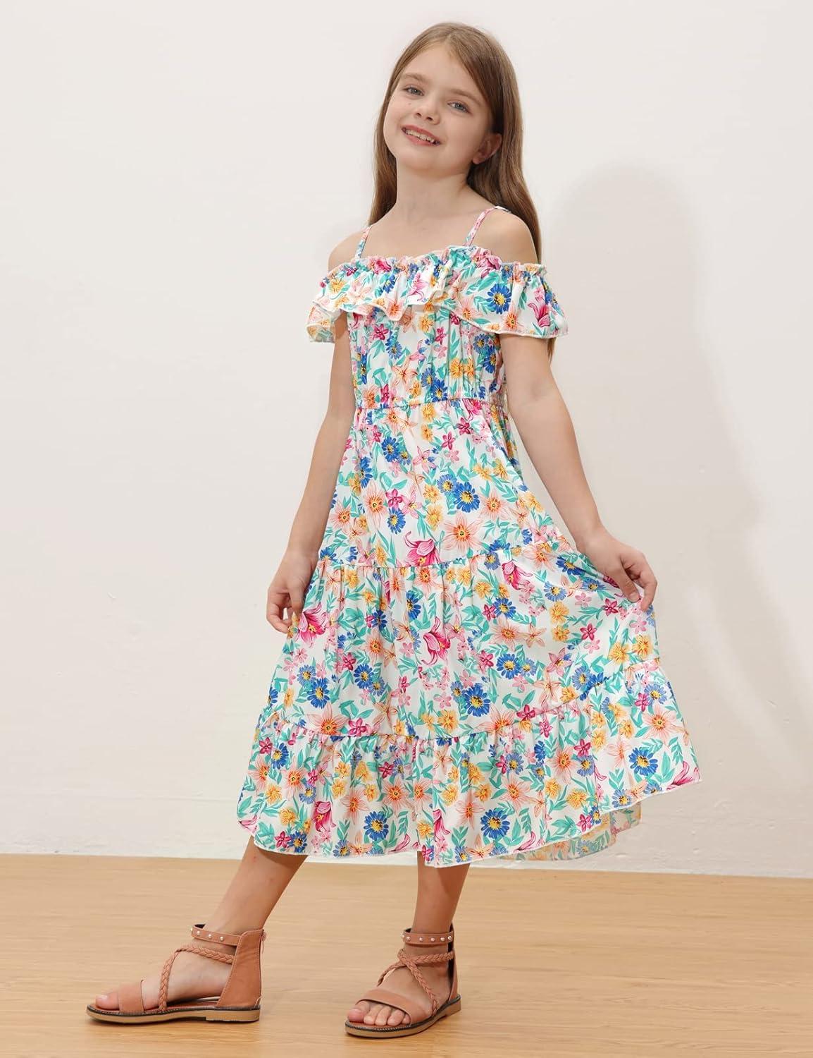 image:imageGRACE KARIN Girls Summer Dress Off Shoulder Ruffle Floral Spaghetti Strap Casual Sundress Tiered Midi DressFloral Pattern in White