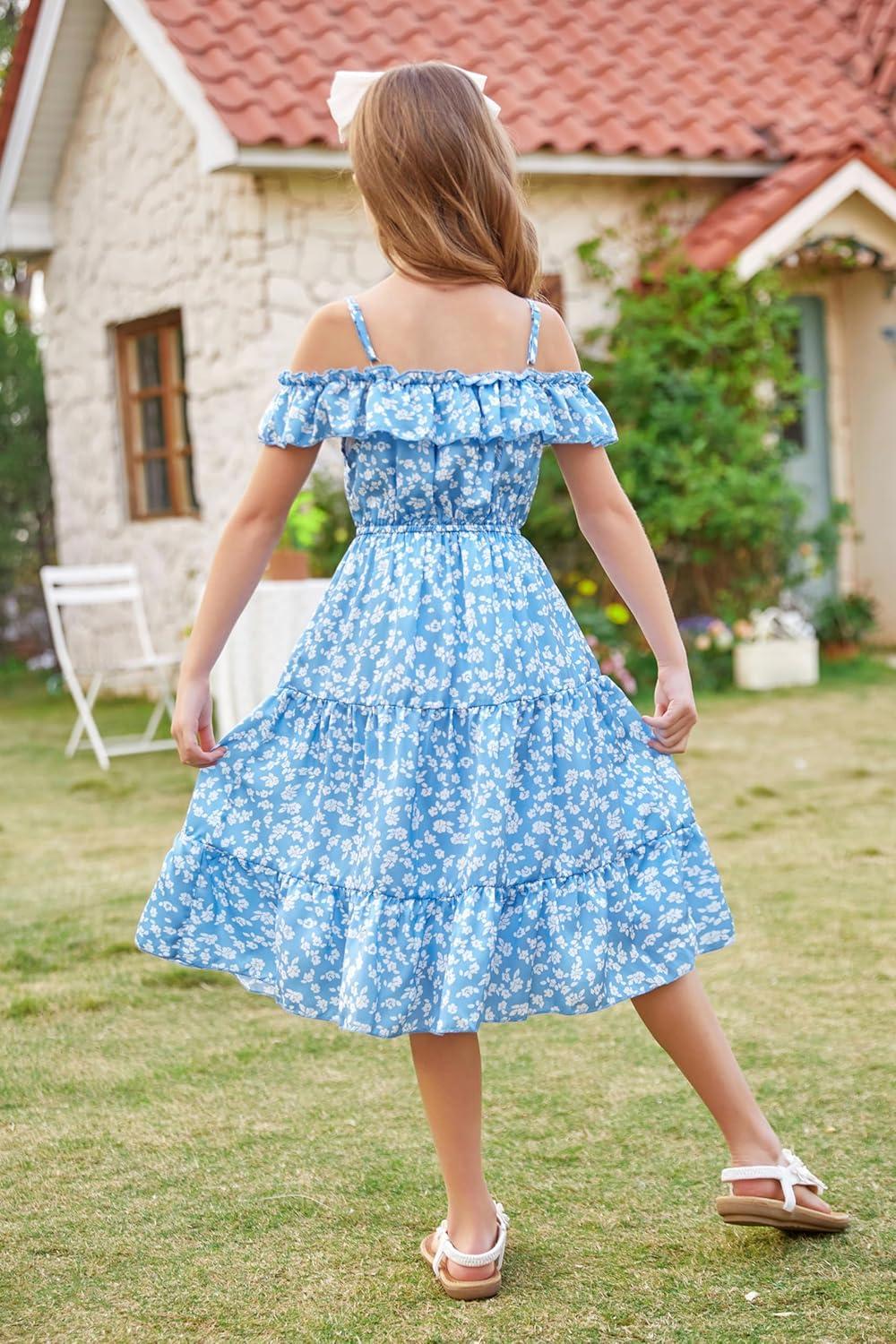 image:imageGRACE KARIN Girls Summer Dress Off Shoulder Ruffle Floral Spaghetti Strap Casual Sundress Tiered Midi DressFloral on Light Blue