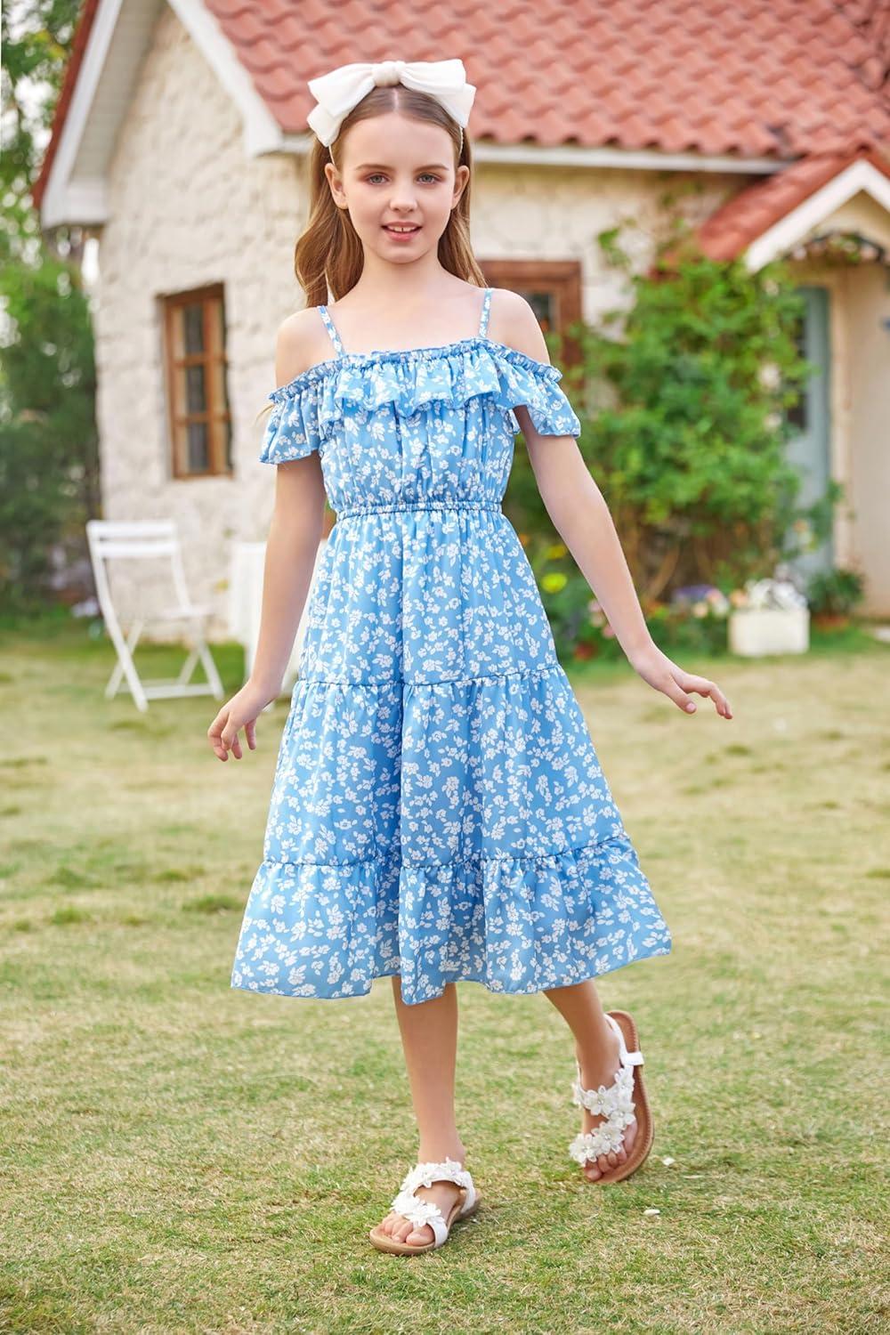image:imageGRACE KARIN Girls Summer Dress Off Shoulder Ruffle Floral Spaghetti Strap Casual Sundress Tiered Midi DressFloral on Light Blue