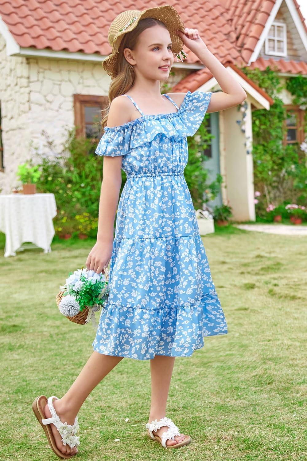 image:imageGRACE KARIN Girls Summer Dress Off Shoulder Ruffle Floral Spaghetti Strap Casual Sundress Tiered Midi DressFloral on Light Blue