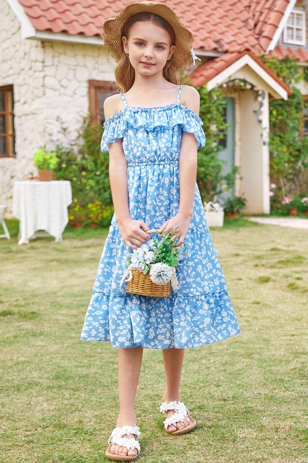 image:imageGRACE KARIN Girls Summer Dress Off Shoulder Ruffle Floral Spaghetti Strap Casual Sundress Tiered Midi DressFloral on Light Blue