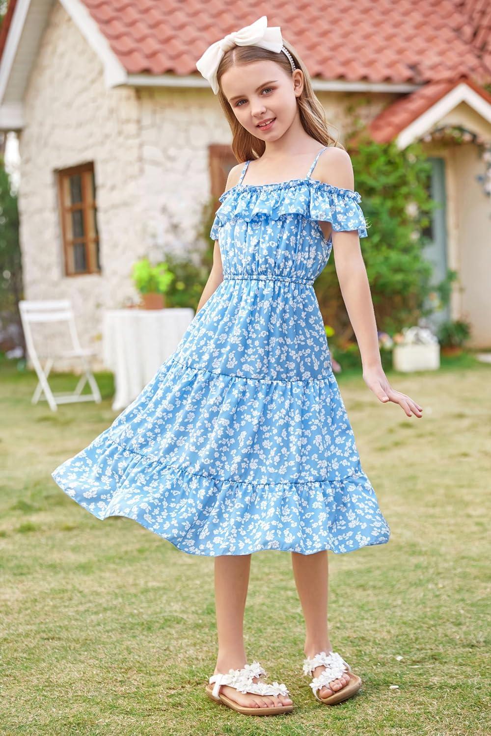 image:imageGRACE KARIN Girls Summer Dress Off Shoulder Ruffle Floral Spaghetti Strap Casual Sundress Tiered Midi DressFloral on Light Blue