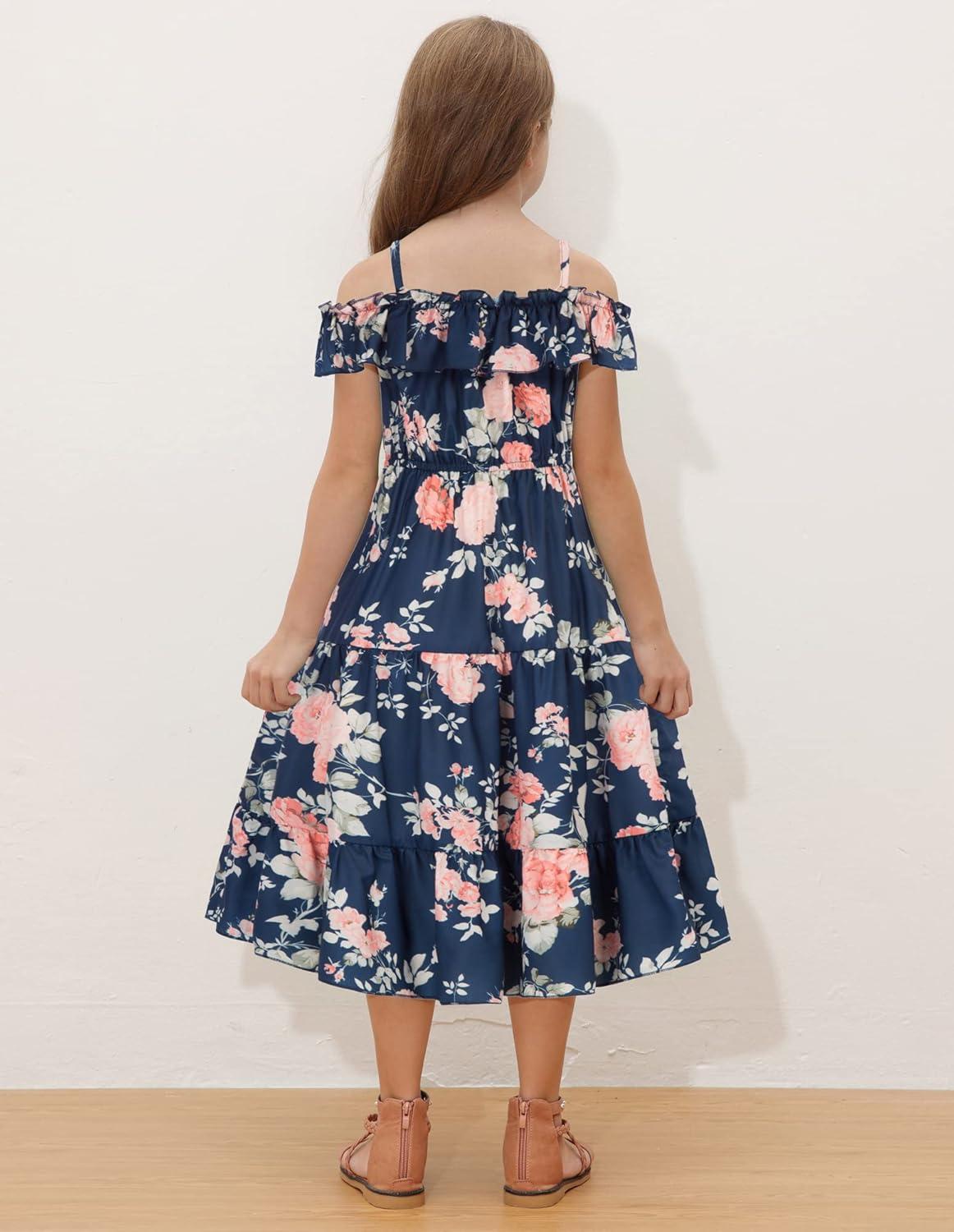 image:imageGRACE KARIN Girls Summer Dress Off Shoulder Ruffle Floral Spaghetti Strap Casual Sundress Tiered Midi DressFloral on Navy Blue