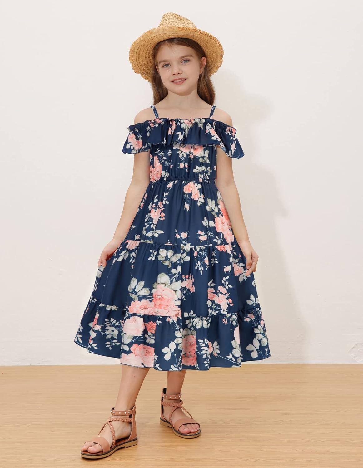 image:imageGRACE KARIN Girls Summer Dress Off Shoulder Ruffle Floral Spaghetti Strap Casual Sundress Tiered Midi DressFloral on Navy Blue