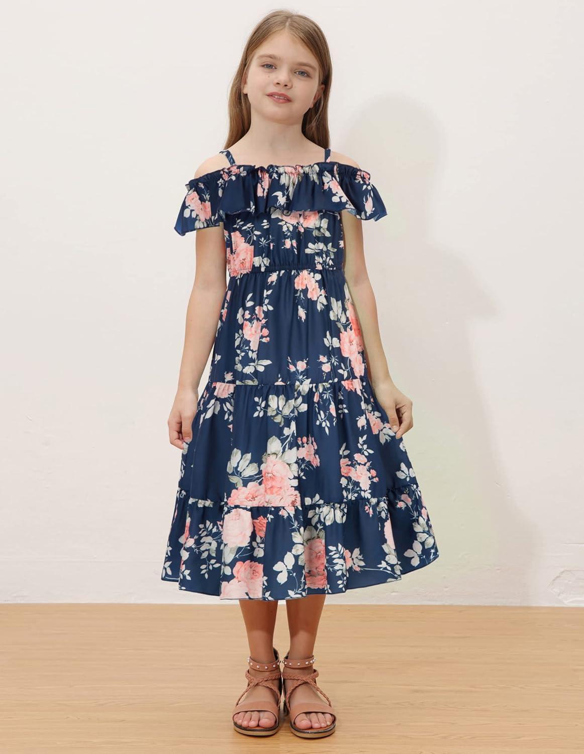 image:imageGRACE KARIN Girls Summer Dress Off Shoulder Ruffle Floral Spaghetti Strap Casual Sundress Tiered Midi DressFloral on Navy Blue