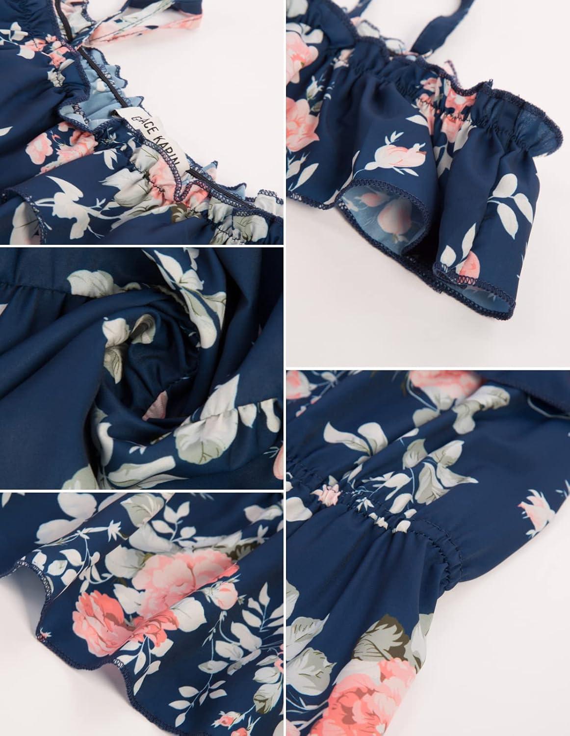 image:imageGRACE KARIN Girls Summer Dress Off Shoulder Ruffle Floral Spaghetti Strap Casual Sundress Tiered Midi DressFloral on Navy Blue