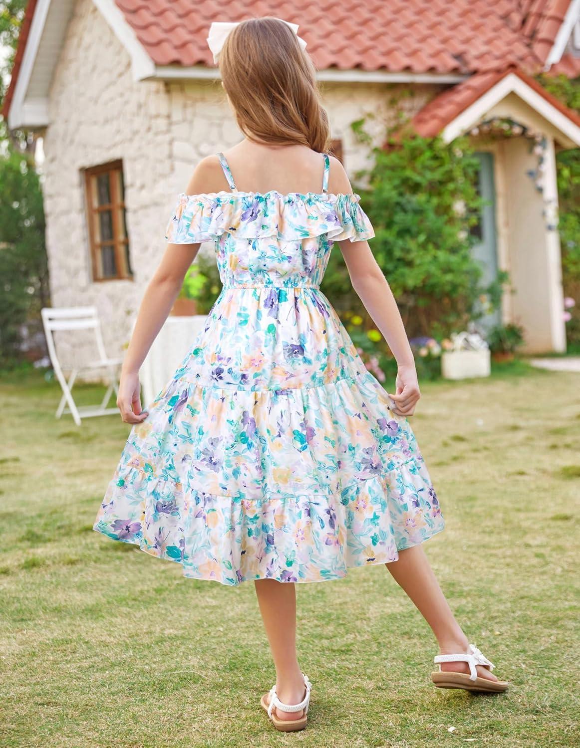 image:imageGRACE KARIN Girls Summer Dress Off Shoulder Ruffle Floral Spaghetti Strap Casual Sundress Tiered Midi DressFlowers and Leaves on White