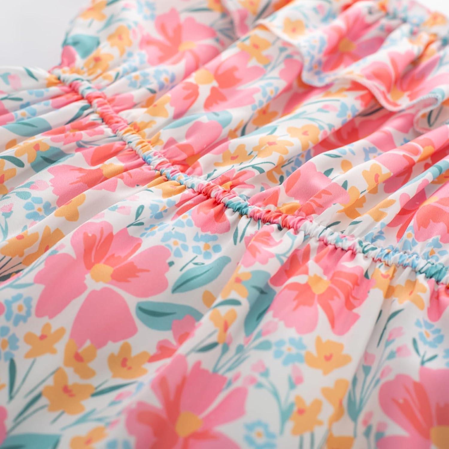 image:imageGRACE KARIN Girls Summer Dress Off Shoulder Ruffle Floral Spaghetti Strap Casual Sundress Tiered Midi DressFlowers on White