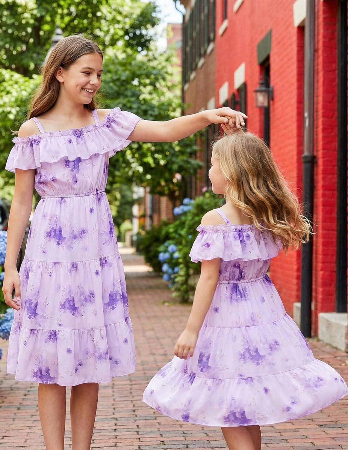 image:imageGRACE KARIN Girls Summer Dress Off Shoulder Ruffle Floral Spaghetti Strap Casual Sundress Tiered Midi DressPurple Flowers