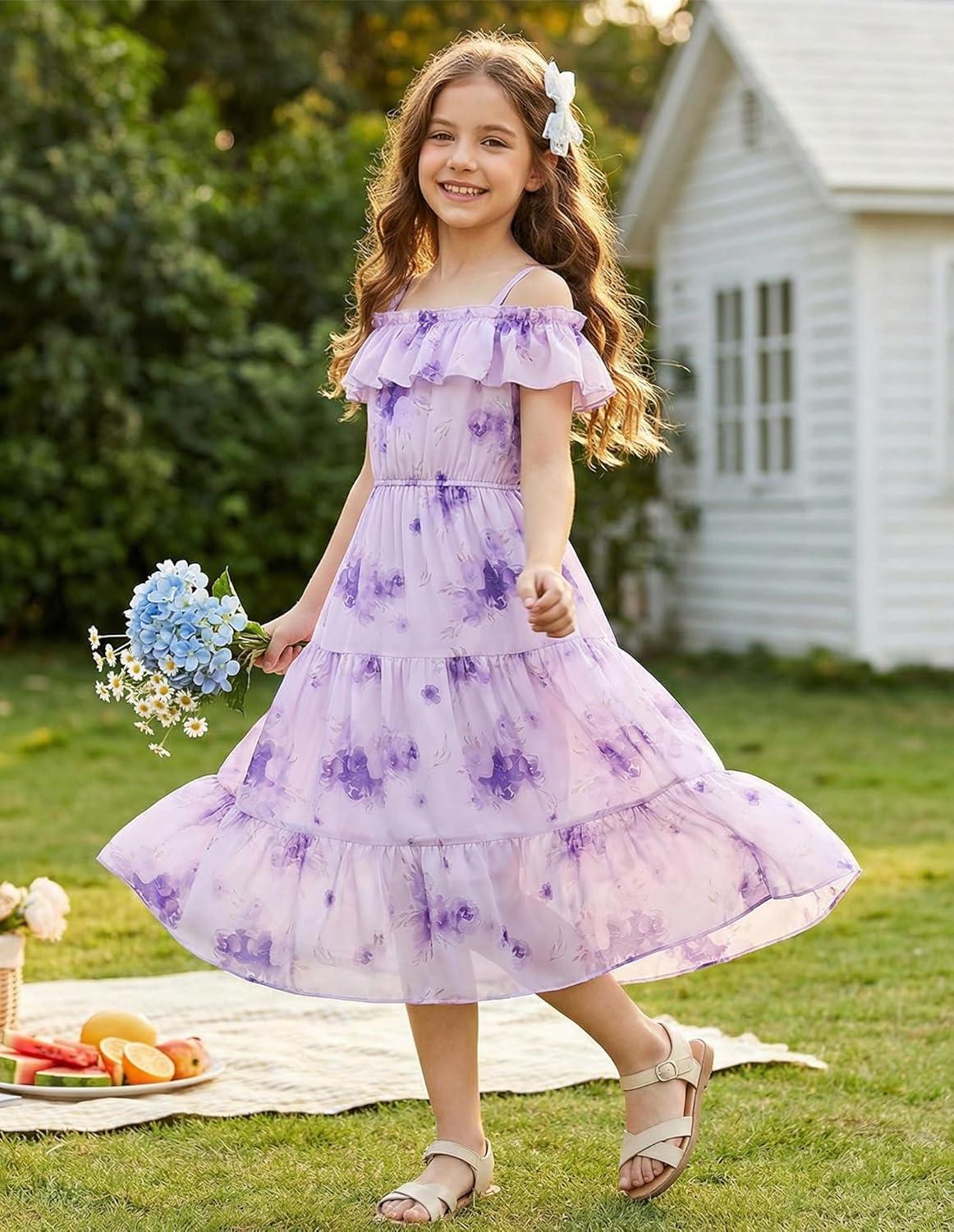 image:imageGRACE KARIN Girls Summer Dress Off Shoulder Ruffle Floral Spaghetti Strap Casual Sundress Tiered Midi DressPurple Flowers