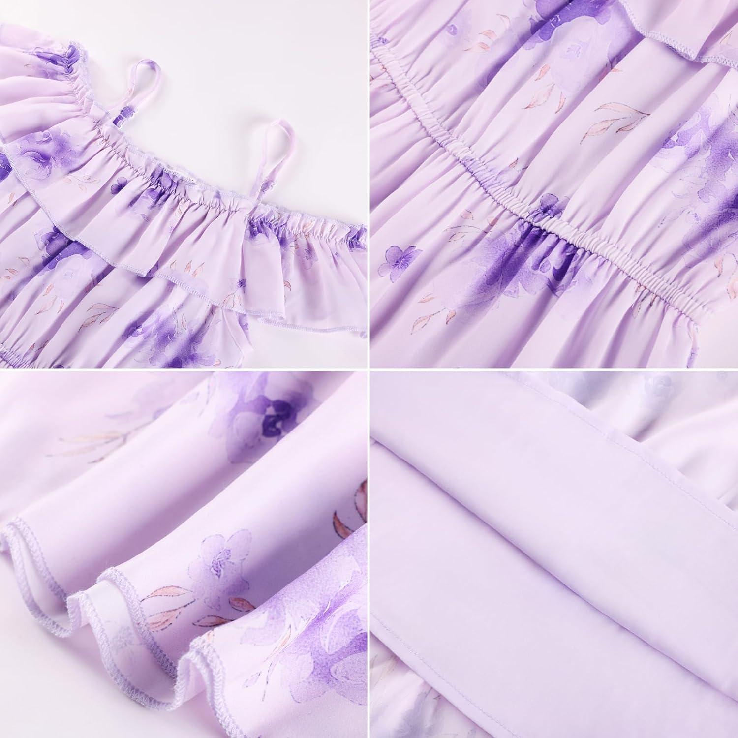 image:imageGRACE KARIN Girls Summer Dress Off Shoulder Ruffle Floral Spaghetti Strap Casual Sundress Tiered Midi DressPurple Flowers