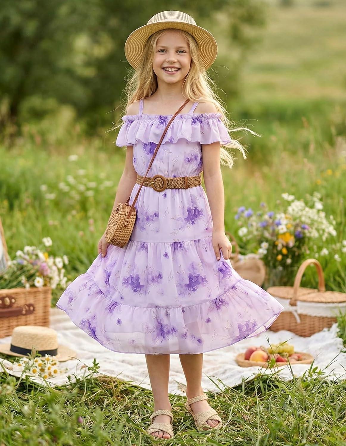 image:imageGRACE KARIN Girls Summer Dress Off Shoulder Ruffle Floral Spaghetti Strap Casual Sundress Tiered Midi DressPurple Flowers