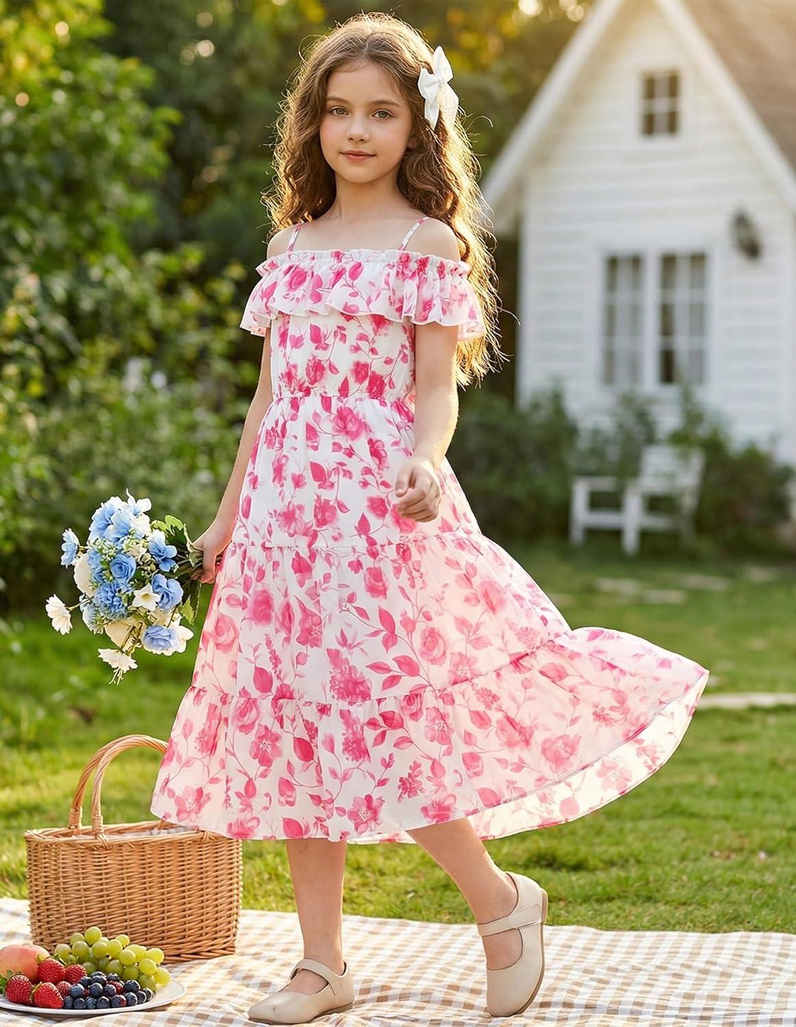 image:imageGRACE KARIN Girls Summer Dress Off Shoulder Ruffle Floral Spaghetti Strap Casual Sundress Tiered Midi DressRosered Flowers