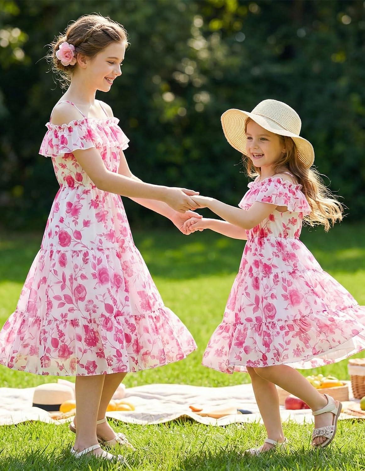 image:imageGRACE KARIN Girls Summer Dress Off Shoulder Ruffle Floral Spaghetti Strap Casual Sundress Tiered Midi DressRosered Flowers