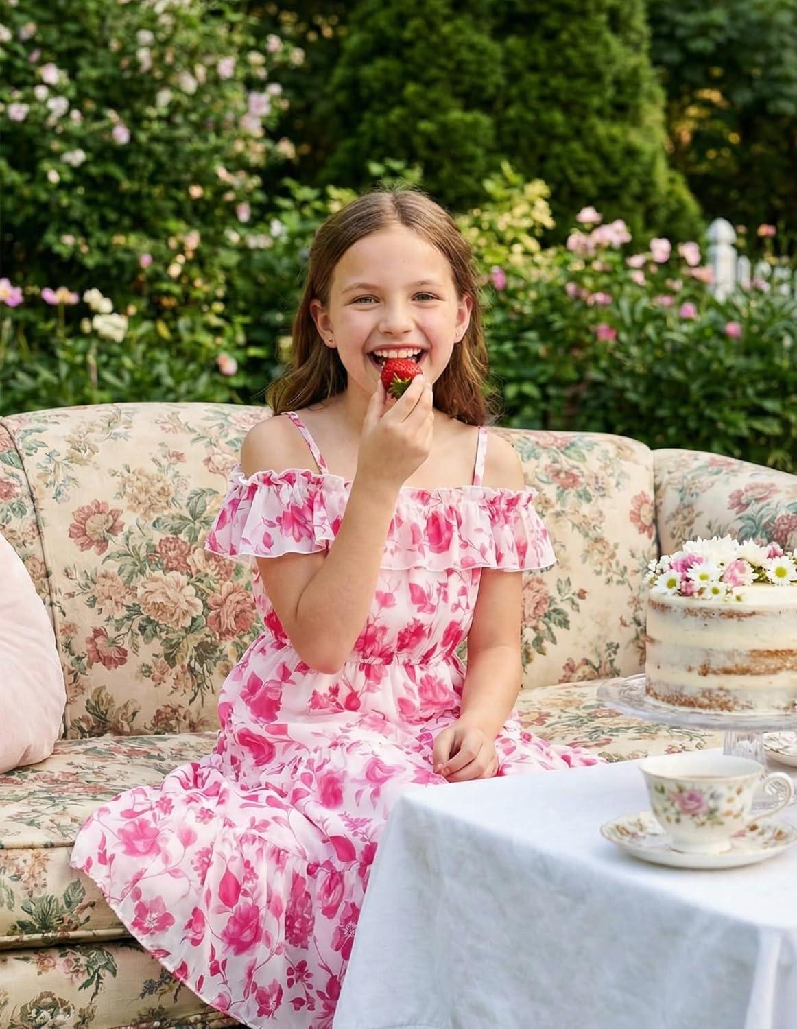 image:imageGRACE KARIN Girls Summer Dress Off Shoulder Ruffle Floral Spaghetti Strap Casual Sundress Tiered Midi DressRosered Flowers