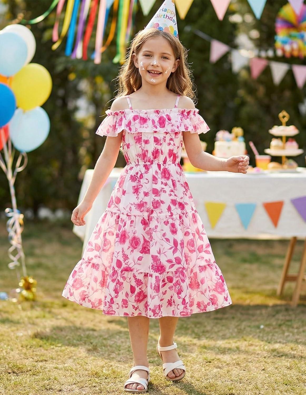 image:imageGRACE KARIN Girls Summer Dress Off Shoulder Ruffle Floral Spaghetti Strap Casual Sundress Tiered Midi DressRosered Flowers