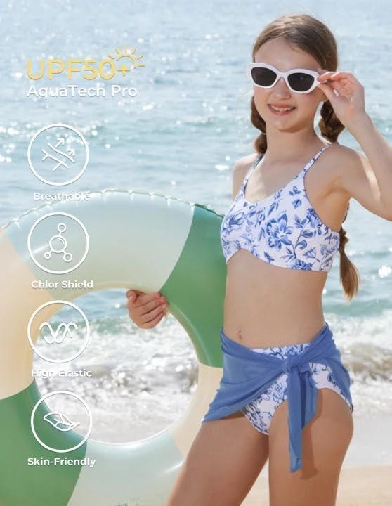 image:imageGRACE KARIN Girls Swimsuit Bikini Bathing Suit for Teens Ruched Tankini Beach Hawaii Swimwear with Cover Up Skirt 816YBlue Floral