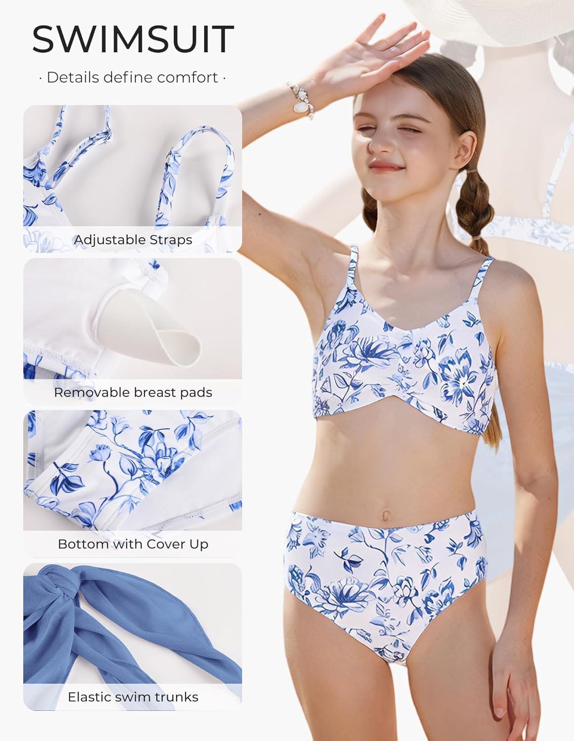 image:imageGRACE KARIN Girls Swimsuit Bikini Bathing Suit for Teens Ruched Tankini Beach Hawaii Swimwear with Cover Up Skirt 816YBlue Floral