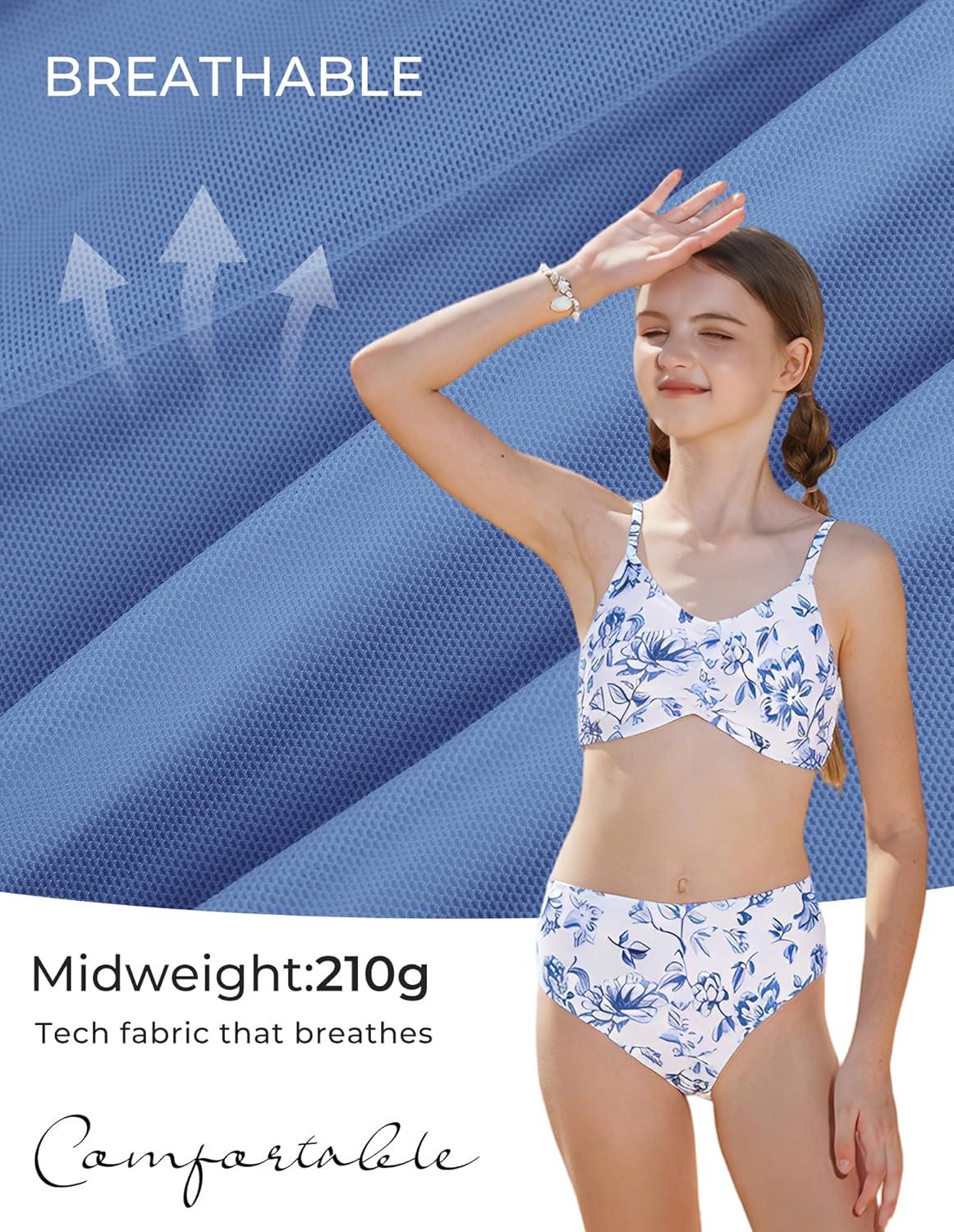 image:imageGRACE KARIN Girls Swimsuit Bikini Bathing Suit for Teens Ruched Tankini Beach Hawaii Swimwear with Cover Up Skirt 816YBlue Floral