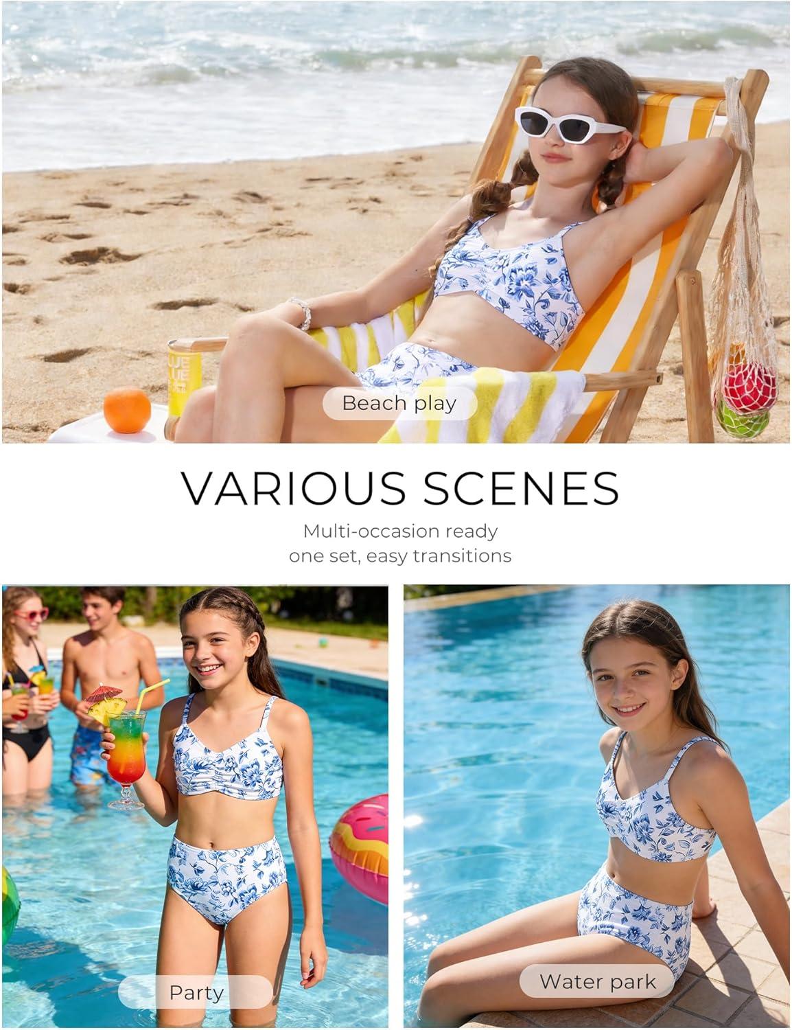 image:imageGRACE KARIN Girls Swimsuit Bikini Bathing Suit for Teens Ruched Tankini Beach Hawaii Swimwear with Cover Up Skirt 816YBlue Floral