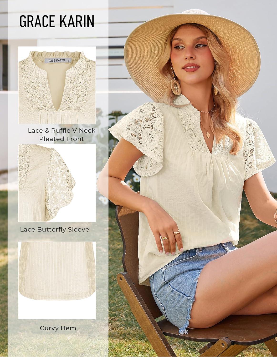 image:imageGRACE KARIN Womens Lace Short Sleeve Tops Summer Dressy Casual Cotton Blouses Flowy V Neck Dress Shirts Trendy Clothing 2026Apricot