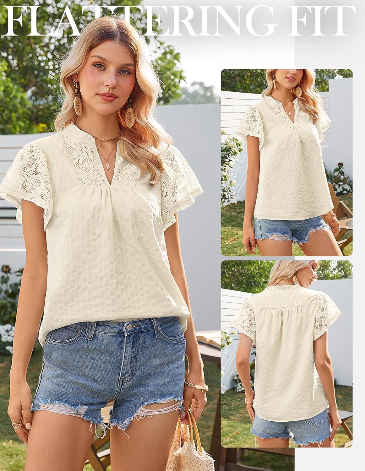 image:imageGRACE KARIN Womens Lace Short Sleeve Tops Summer Dressy Casual Cotton Blouses Flowy V Neck Dress Shirts Trendy Clothing 2026Apricot