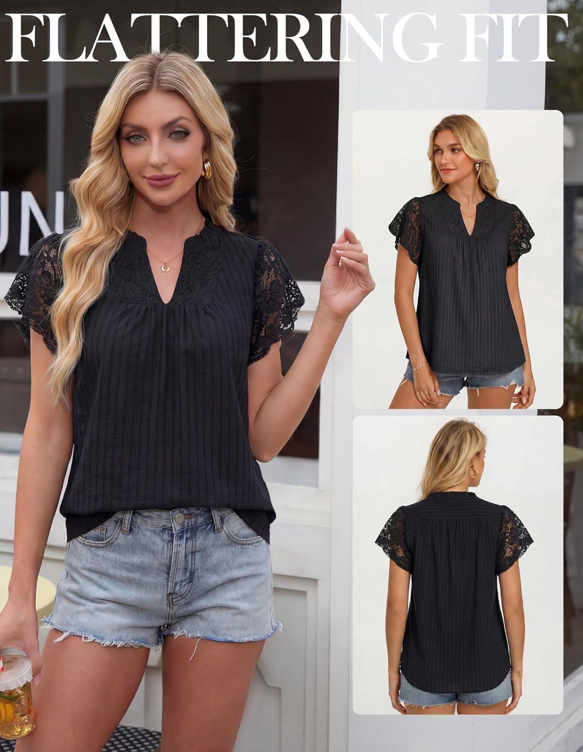 image:imageGRACE KARIN Womens Lace Short Sleeve Tops Summer Dressy Casual Cotton Blouses Flowy V Neck Dress Shirts Trendy Clothing 2026Black