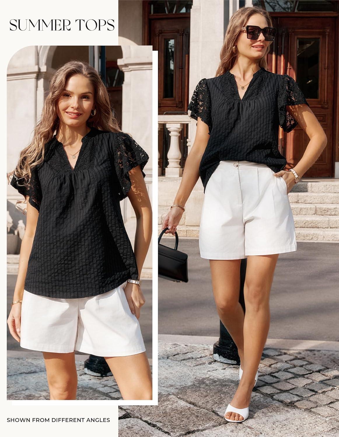 image:imageGRACE KARIN Womens Lace Short Sleeve Tops Summer Dressy Casual Cotton Blouses Flowy V Neck Dress Shirts Trendy Clothing 2026Black