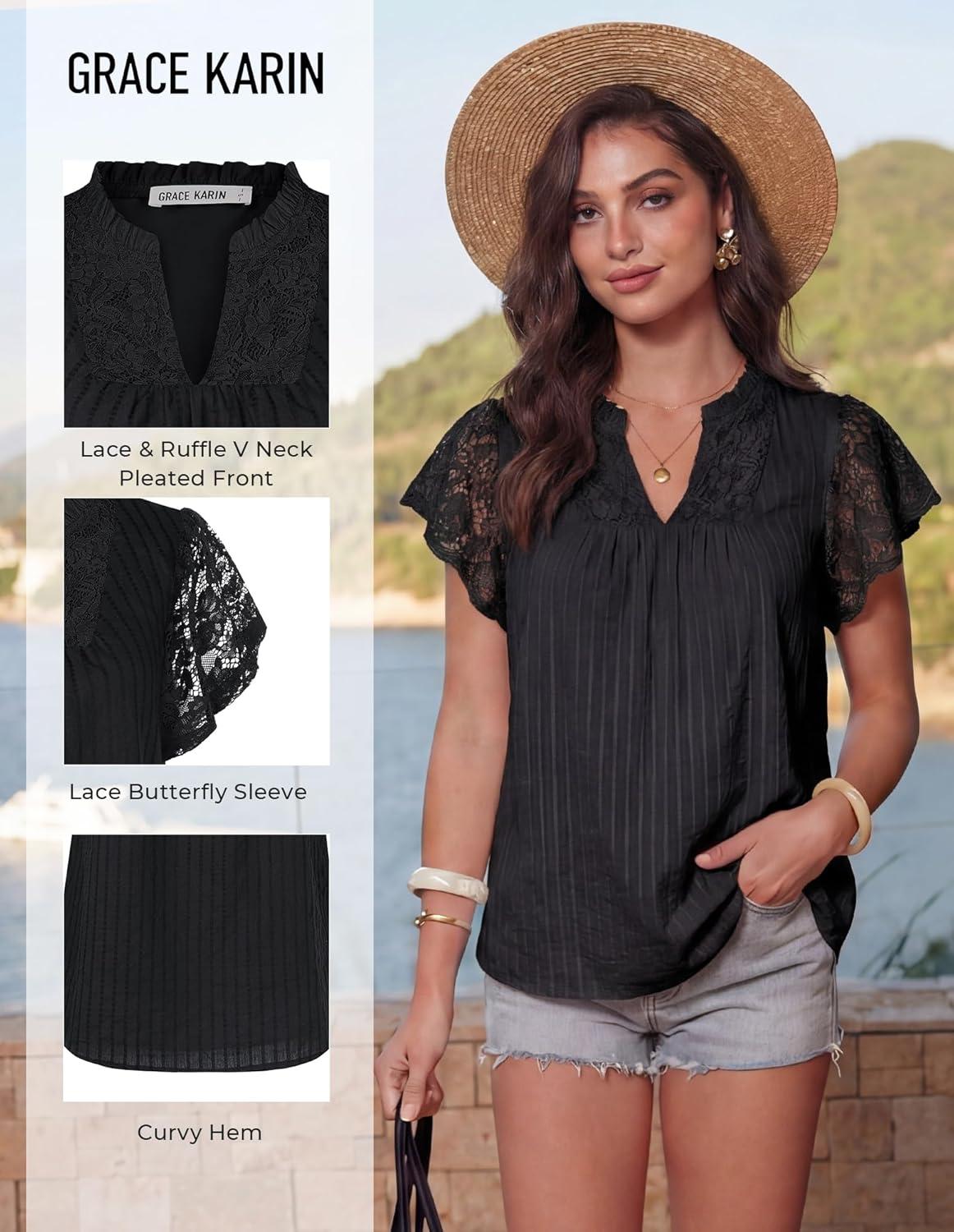 image:imageGRACE KARIN Womens Lace Short Sleeve Tops Summer Dressy Casual Cotton Blouses Flowy V Neck Dress Shirts Trendy Clothing 2026Black