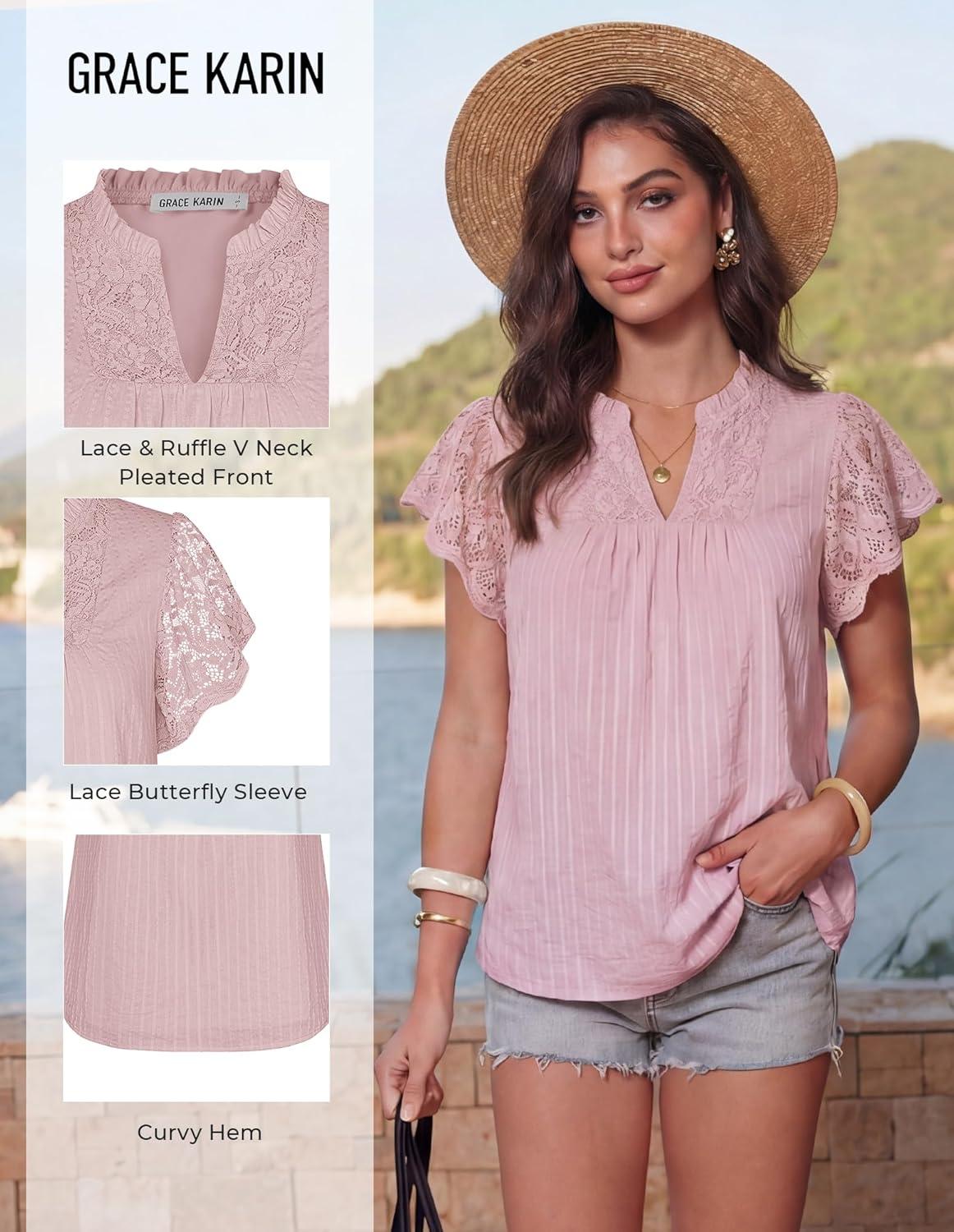 image:imageGRACE KARIN Womens Lace Short Sleeve Tops Summer Dressy Casual Cotton Blouses Flowy V Neck Dress Shirts Trendy Clothing 2026Dusty Pink