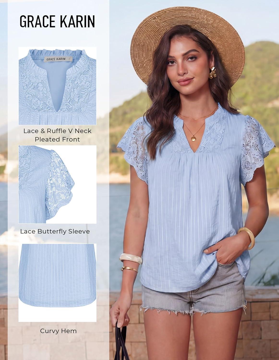image:imageGRACE KARIN Womens Lace Short Sleeve Tops Summer Dressy Casual Cotton Blouses Flowy V Neck Dress Shirts Trendy Clothing 2026Light Blue