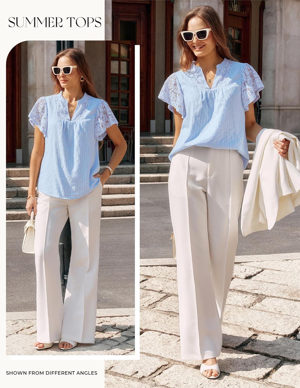 image:imageGRACE KARIN Womens Lace Short Sleeve Tops Summer Dressy Casual Cotton Blouses Flowy V Neck Dress Shirts Trendy Clothing 2026Light Blue