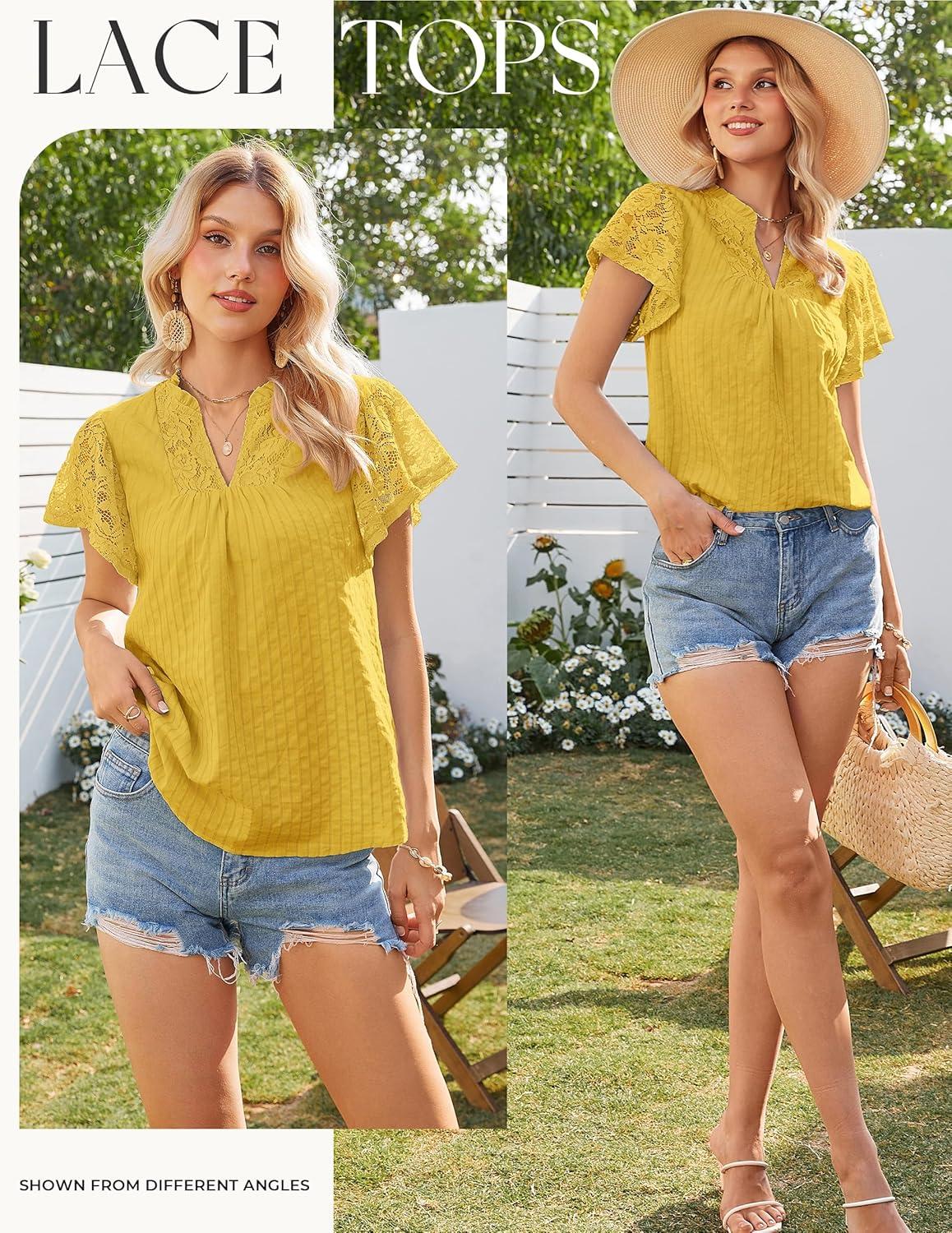 image:imageGRACE KARIN Womens Lace Short Sleeve Tops Summer Dressy Casual Cotton Blouses Flowy V Neck Dress Shirts Trendy Clothing 2026Mustard Yellow