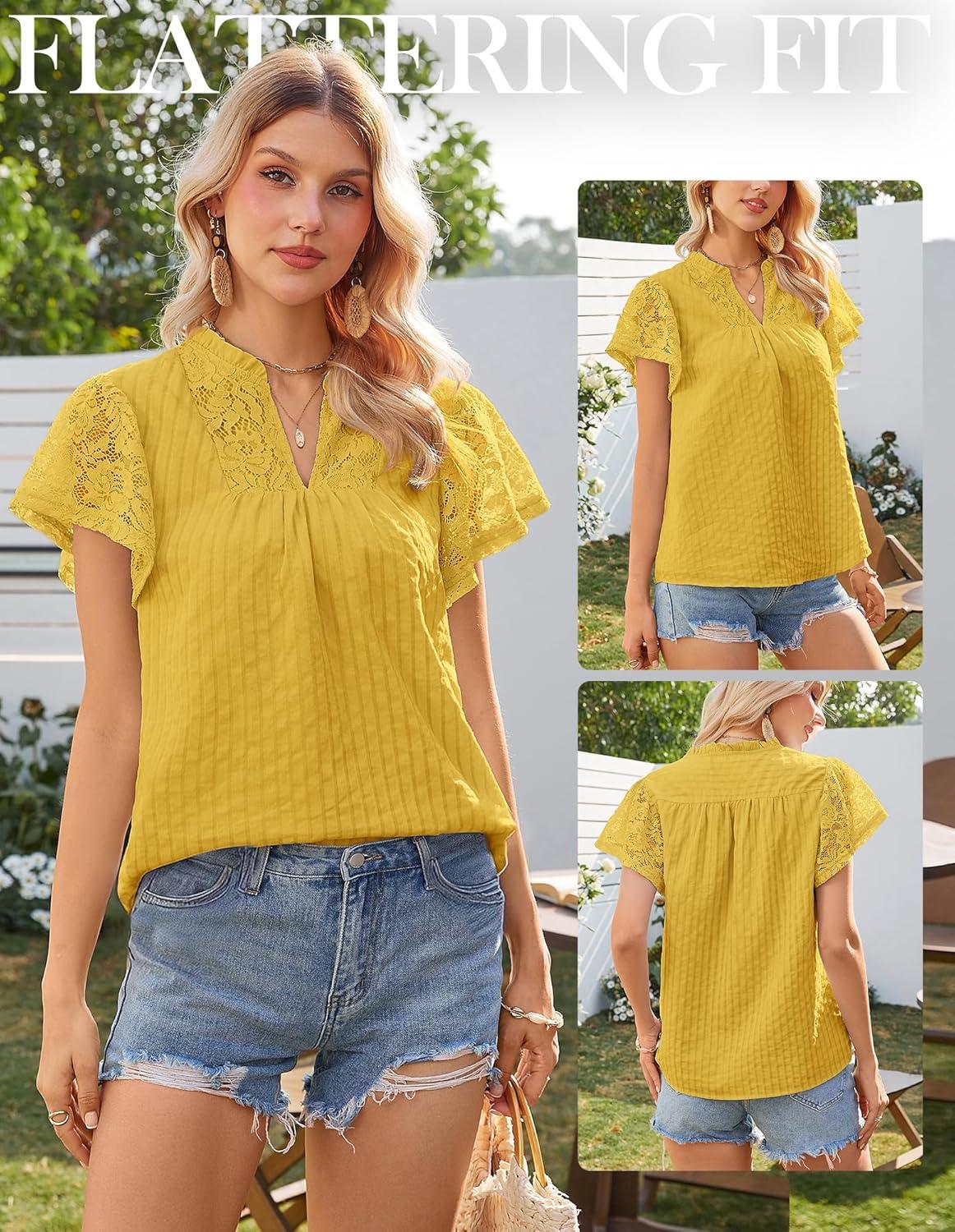 image:imageGRACE KARIN Womens Lace Short Sleeve Tops Summer Dressy Casual Cotton Blouses Flowy V Neck Dress Shirts Trendy Clothing 2026Mustard Yellow